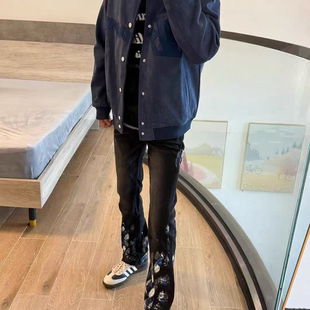 美式轻奢潮牌泼墨涂鸦牛仔裤男潮牌宽松直筒微喇休闲裤炸街裤子