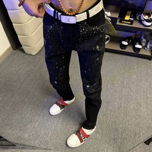 欧洲站高端版满天星烫钻黑色牛仔裤男复古修身百搭直筒长裤潮牌
