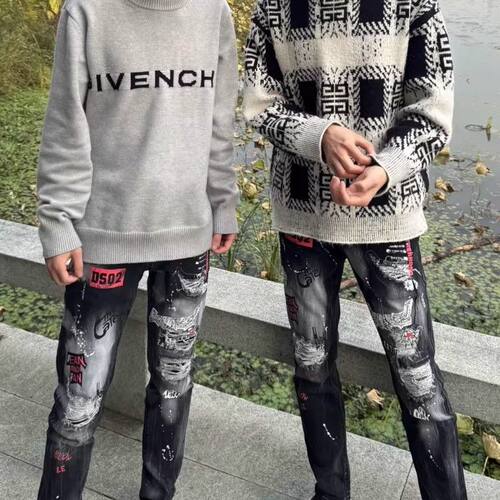 d2泼墨假破洞修身宽松牛仔裤