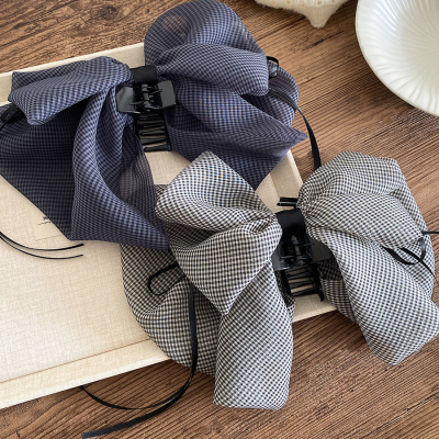 韩系复古格纹飘带高级感发饰蝴蝶结抓夹洋气后脑勺半扎发夹马尾夹