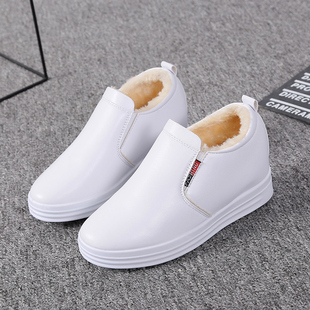 冬季新款加绒加厚小白鞋女内增高厚底百搭一脚蹬懒人休闲女运动鞋