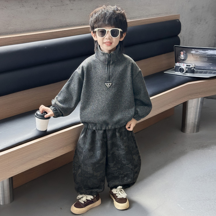 儿童潮酷秋款套装男童韩系帅气半拉链立领卫衣迷彩裤潮童两件套图片