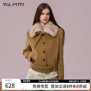 VIAPITTI重工毛毛领可拆卸夹棉蝴蝶结绑带棉服女装秋冬翻领外套