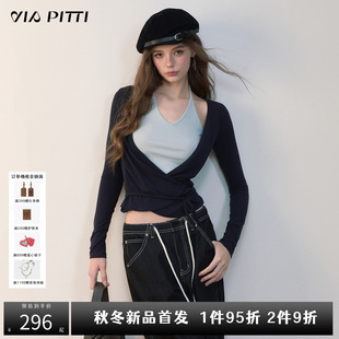 VIAPITTI设计感假两件撞色绑带T恤女秋季休闲百搭含羊毛吊带上衣