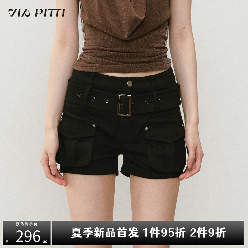 VIAPITTI重磅立体口袋工装短裤女装夏季宽松直筒双扣袢休闲短裤