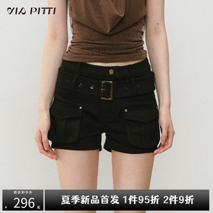 VIAPITTI重磅立体口袋工装短裤女装夏季宽松直筒双扣袢休闲短裤