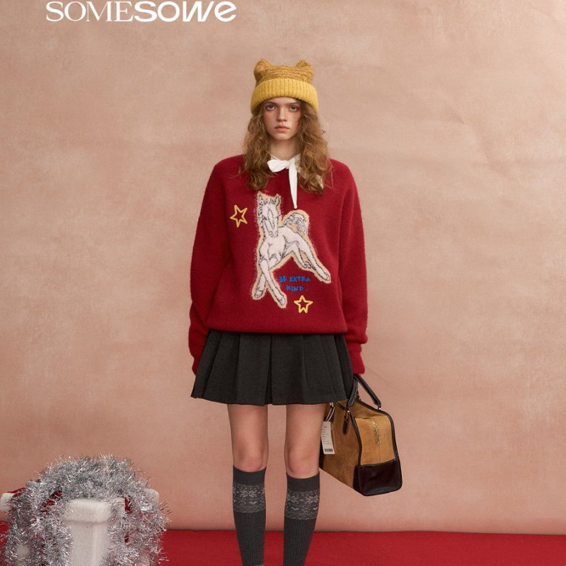 SOMESOWE 25FW童趣小马廓形圆领毛衣