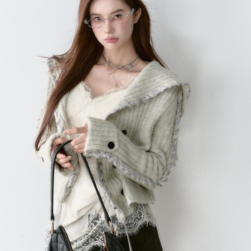 撞色织带设计感针织开衫