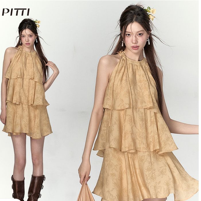 VIAPITTI设计感新中式宽松连衣裙女装夏季新款暗纹花卉显瘦蛋糕裙