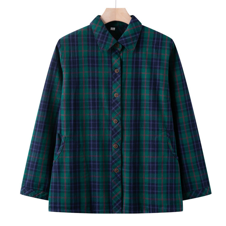 奶奶秋季新款纯棉格子衬衫中老年人衣服女妈妈长袖外套老太太上衣