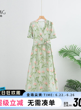 科尚度假风印花真丝连衣裙女V领收腰显瘦气质中长裙绿色碎花裙子