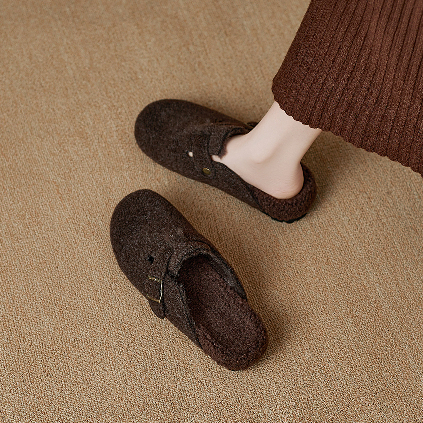 真皮厚底内增高勃肯鞋女2025秋冬新款加绒毛毛棉鞋包头博肯半拖鞋