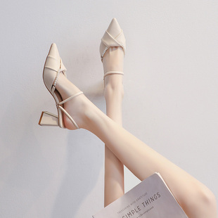 外穿仙女风配裙子单鞋 2025年新款 女粗跟包头凉鞋 尖头高跟鞋 子 夏季