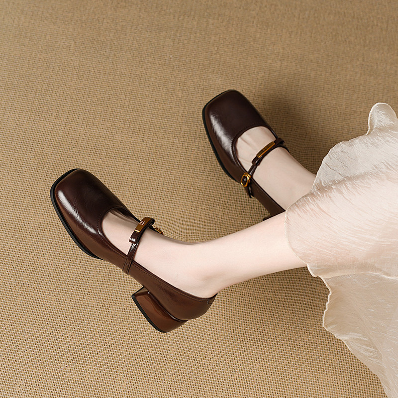 羊皮版巨好看不累脚浅口单鞋女2026春季新款百搭高跟粗跟玛丽珍鞋