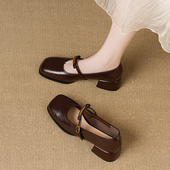 方头粗跟不累脚浅口单鞋 羊皮版 女2026春季 新款 法式 复古玛丽珍鞋