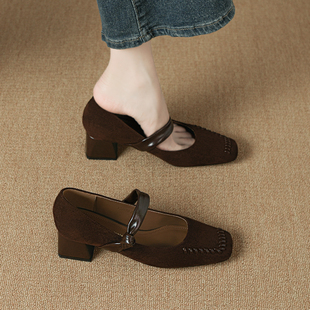 真皮时尚方头高级感气质单鞋女2025秋冬新款百搭粗跟不累脚高跟鞋