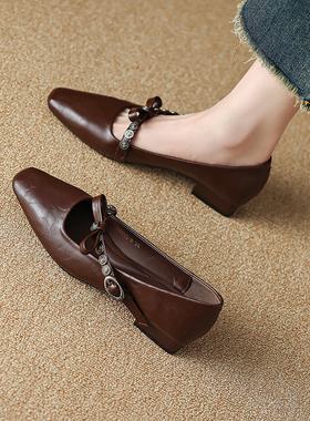 羊皮版~法式玛丽珍鞋女2025年春季新款蝴蝶结粗跟低跟3cm小跟单鞋