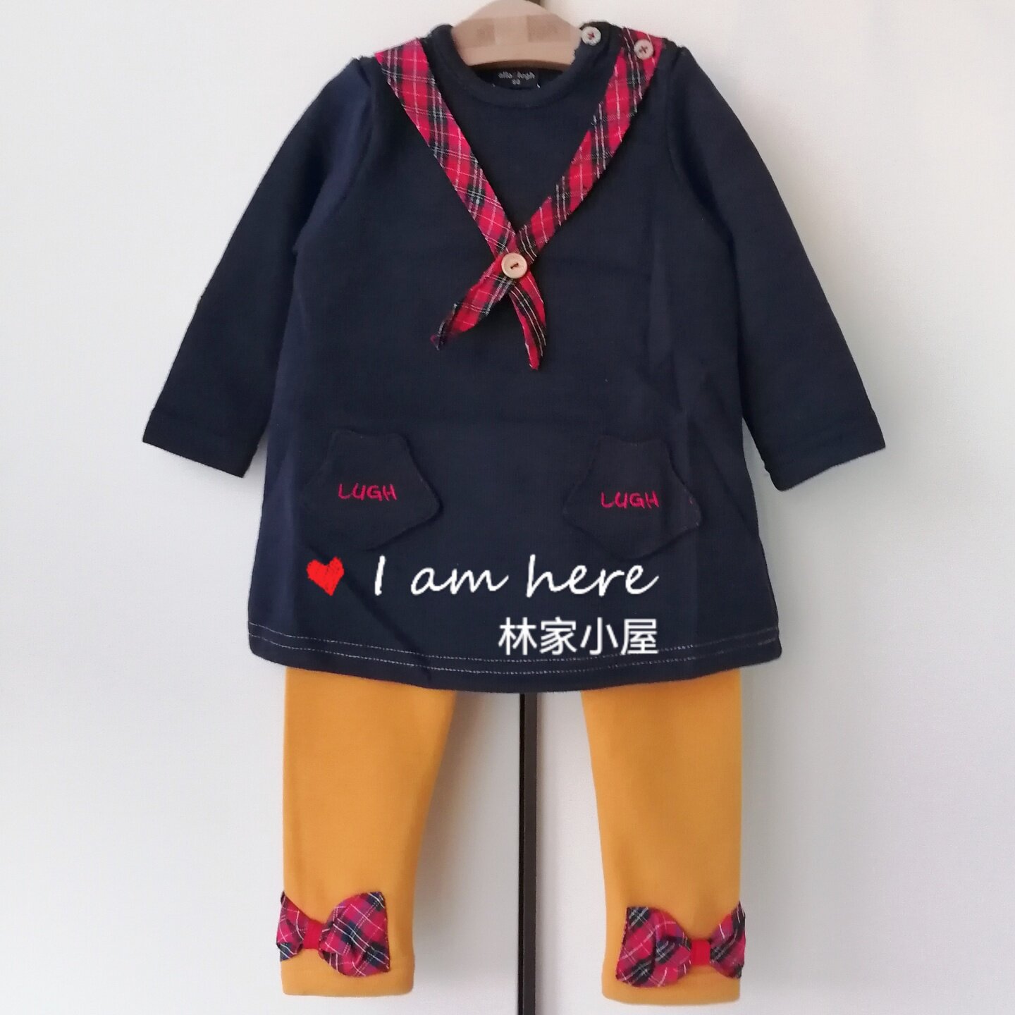 韩版阿路和如allo lugh儿童装女童宝宝秋冬领巾长袖T恤加绒裤套装