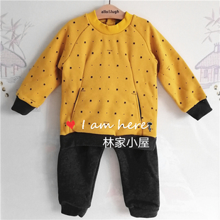 韩版云朵小雨伞儿童装男童宝宝冬款黄色加绒卫衣灰色长裤长袖套装
