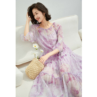 妖猪巨美质感限定夏季真丝连衣裙女浪漫优雅设计感高腰气质桑蚕丝