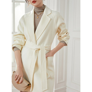 妖猪白色水波纹双面羊绒大衣女小个子秋冬装短款毛呢大衣年轻款