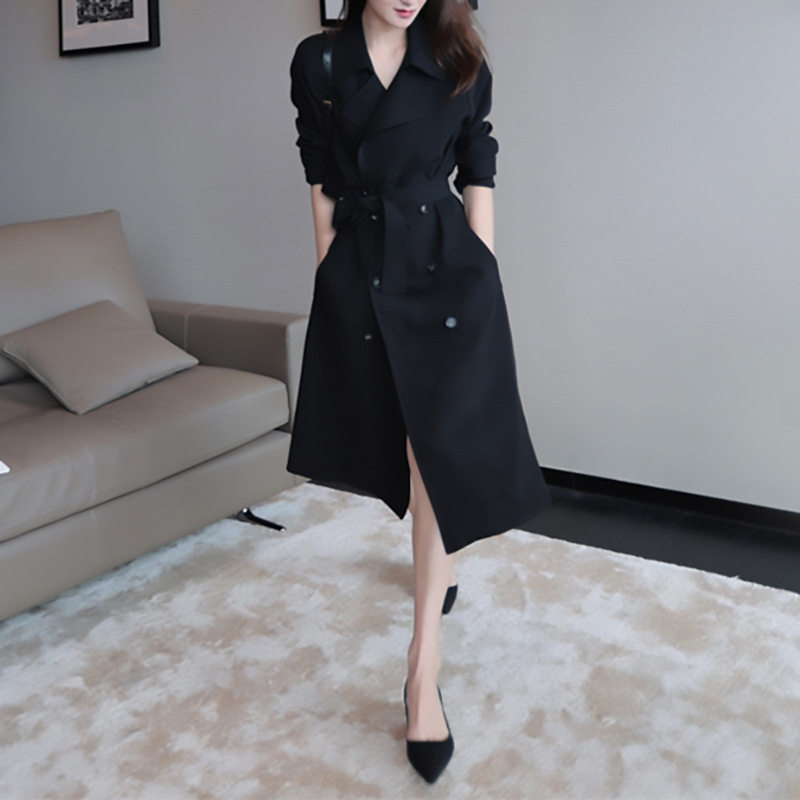 妖猪 风衣QU道面料 显瘦 显白 显高的双排扣 长款风衣女