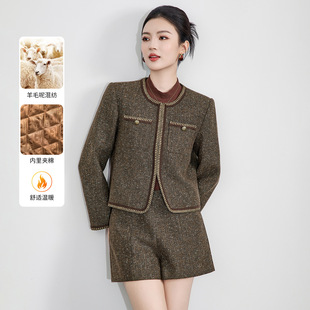 妖猪南油高品质金线人字纹羊毛呢短款外套+短裤女秋冬款套装