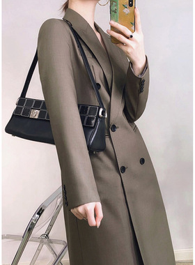 妖猪西装女长款显瘦韩版OL时尚气质外套军绿色休闲西服