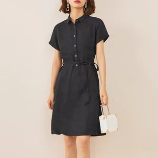 妖猪落落大方亚麻连衣裙女显瘦收腰纯色气质短袖polo裙女