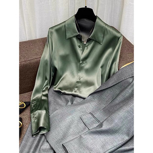 宽松职业西装 女 内搭上衣 醋酸缎面绿色翻领衬衫 妖猪