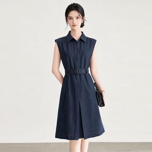 妖猪港式复古撞色明线丹宁风牛仔棉收腰连衣裙南油女装夏季款