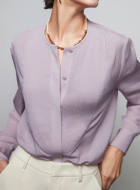 妖猪紫色迷情轻复古圆领blouse慢工艺风琴褶定纺鬼绉真丝