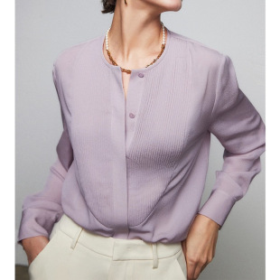 妖猪紫色迷情轻复古圆领blouse慢工艺风琴褶定纺鬼绉真丝