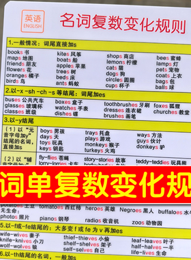 小学初高中英语单数变复数可数名词单复数变化规则语法记忆背诵卡