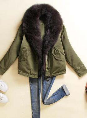 2024冬季新款欧货高级感狐狸毛工装派克服军绿色抽绳中长款羽绒服
