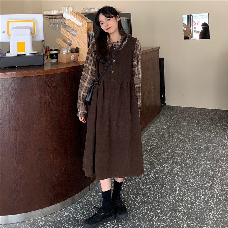 Real shot real price cute retro wind lamp corduroy sleeveless vest dress + Plaid Shirt