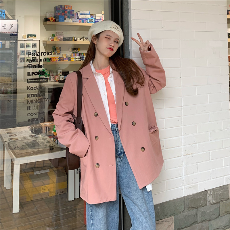 Real shot real price Korean version age reducing, thin and versatile fashion pink suit coat
