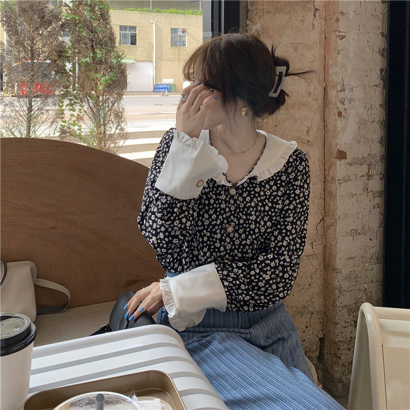 Real price 2020 New Retro French loose fungus edge Floral Shirt