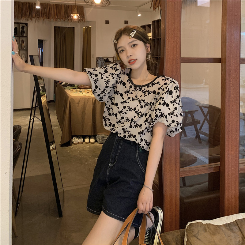 Real price a summer new Korean Air printed sweet little shirt bubble short sleeve shirt