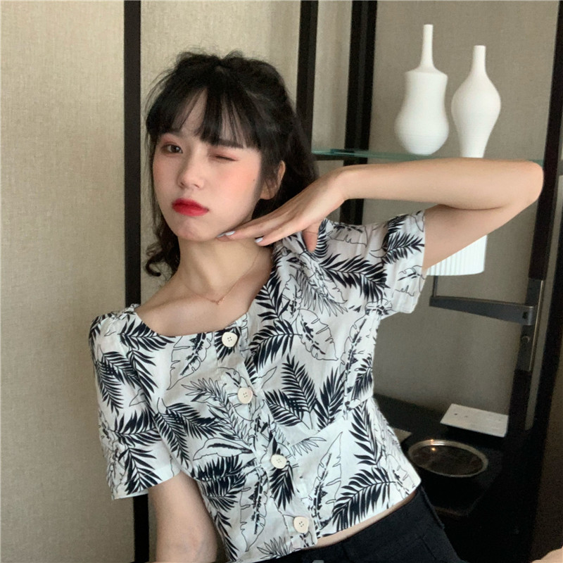 Real price summer Korean loose square neck printed short sleeve shirt
