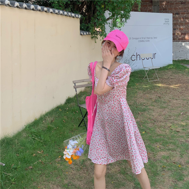 Real price summer retro French square neck bubble sleeve slim Fairy Dress