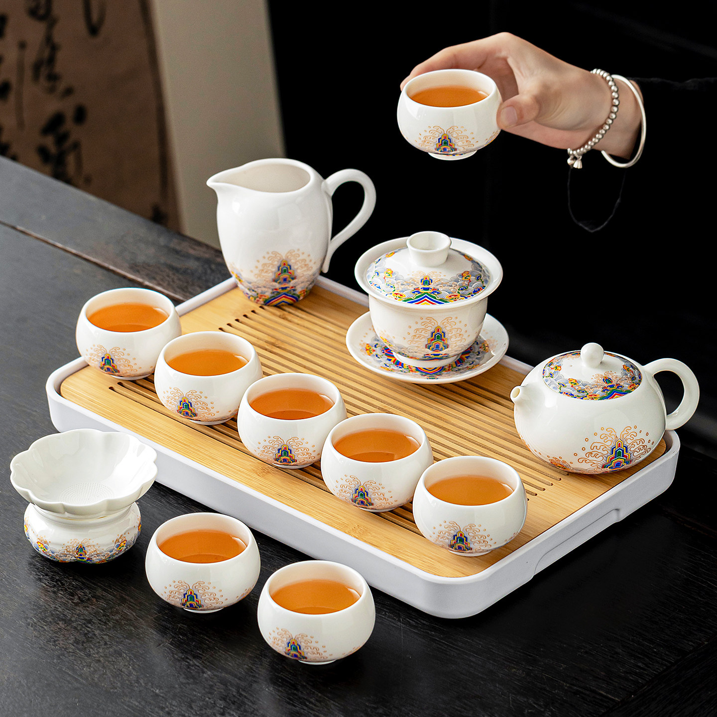 羊脂玉瓷茶具套组2025新款德化白瓷盖碗泡茶壶茶杯办公室茶台一套