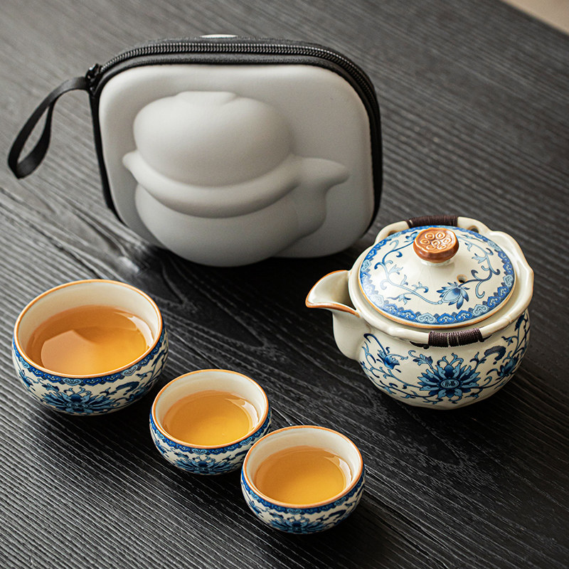 汝窑旅行茶具套组外带一壶三杯户外可携式茶壶喝茶杯一人用快客杯
