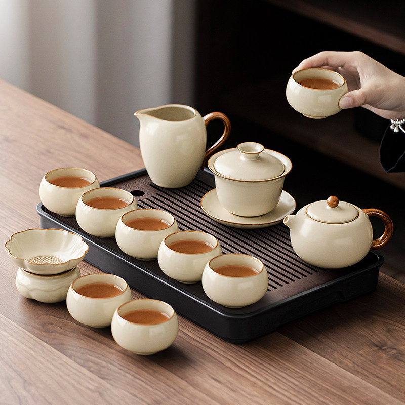 汝窑功夫茶具套组2025新款家用办公陶瓷泡茶具泡茶壶盖碗茶盘一套