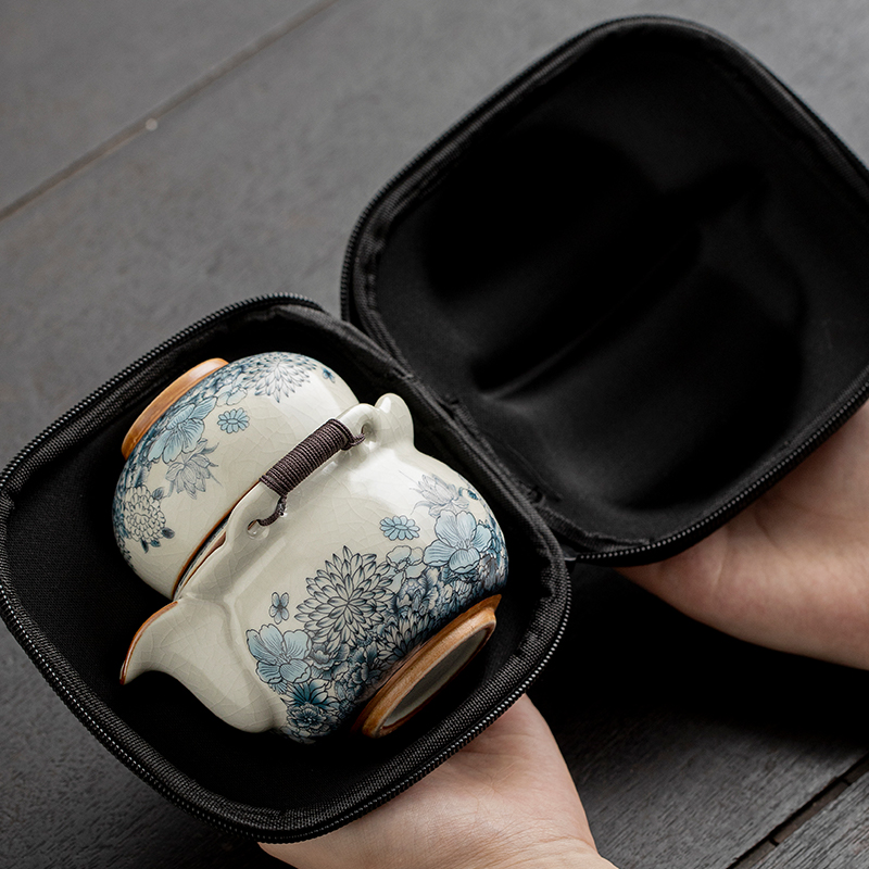汝窑青花旅行茶具套装户外便携陶瓷快客杯一壶三杯功夫泡茶壶茶杯