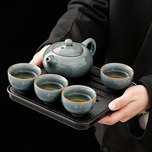 哥窑功夫茶具套组一壶两杯小茶壶泡茶壶带茶盘墨绿色喝茶器泡茶具