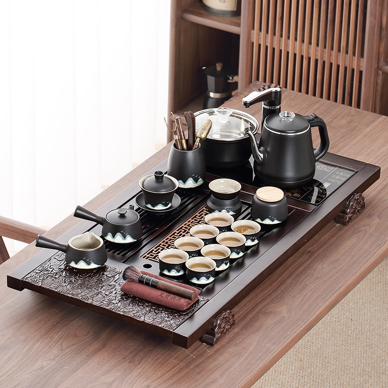 新款高级黑檀实木功夫茶具套组全自动一体底部上水茶盘家用办公室