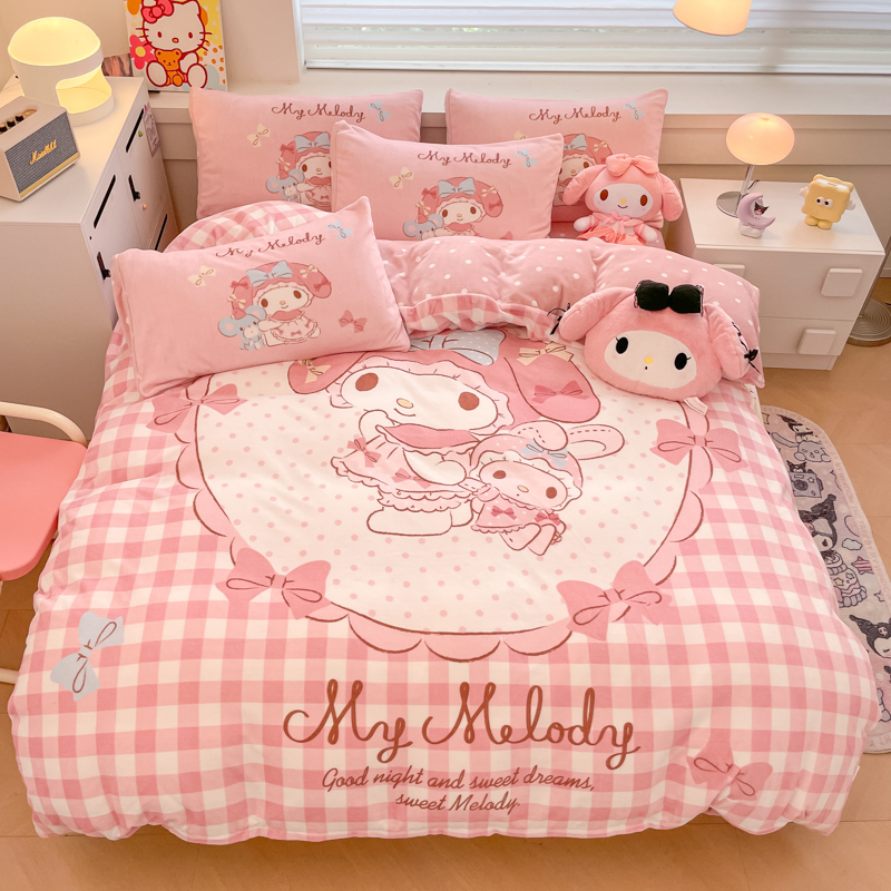 可爱卡通美乐蒂加厚保暖双面牛奶绒四件套少女孩儿童法兰绒三件套