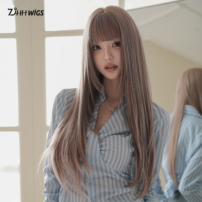 假发全头套自然无痕法式浏海长直发女粉紫色彷真发长发整顶假发套