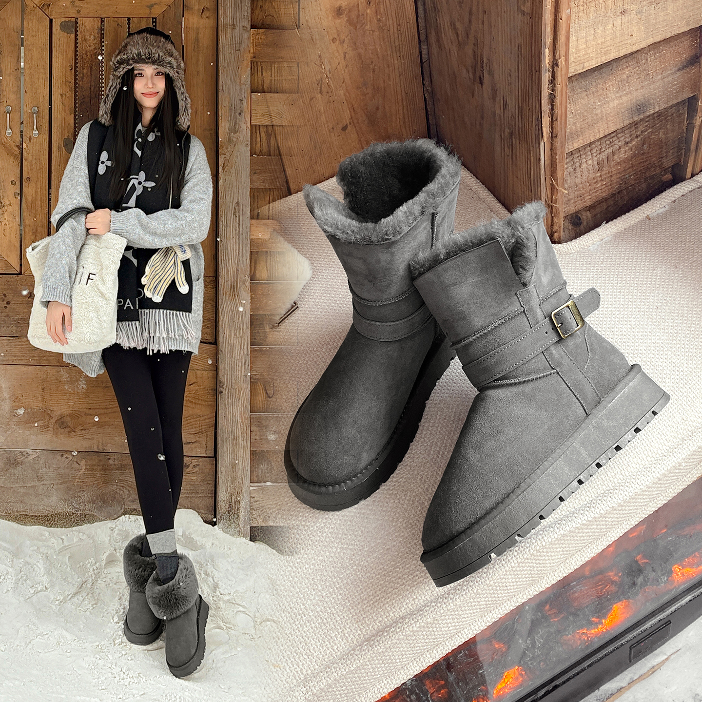 中筒厚底雪地靴女皮毛一体冬季羊毛靴真皮加绒加厚骑士靴新款棉鞋